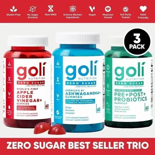3 Bottles Goli Zero Sugar Best Seller Trio Set Gummies, 60 Counts Per Bottle